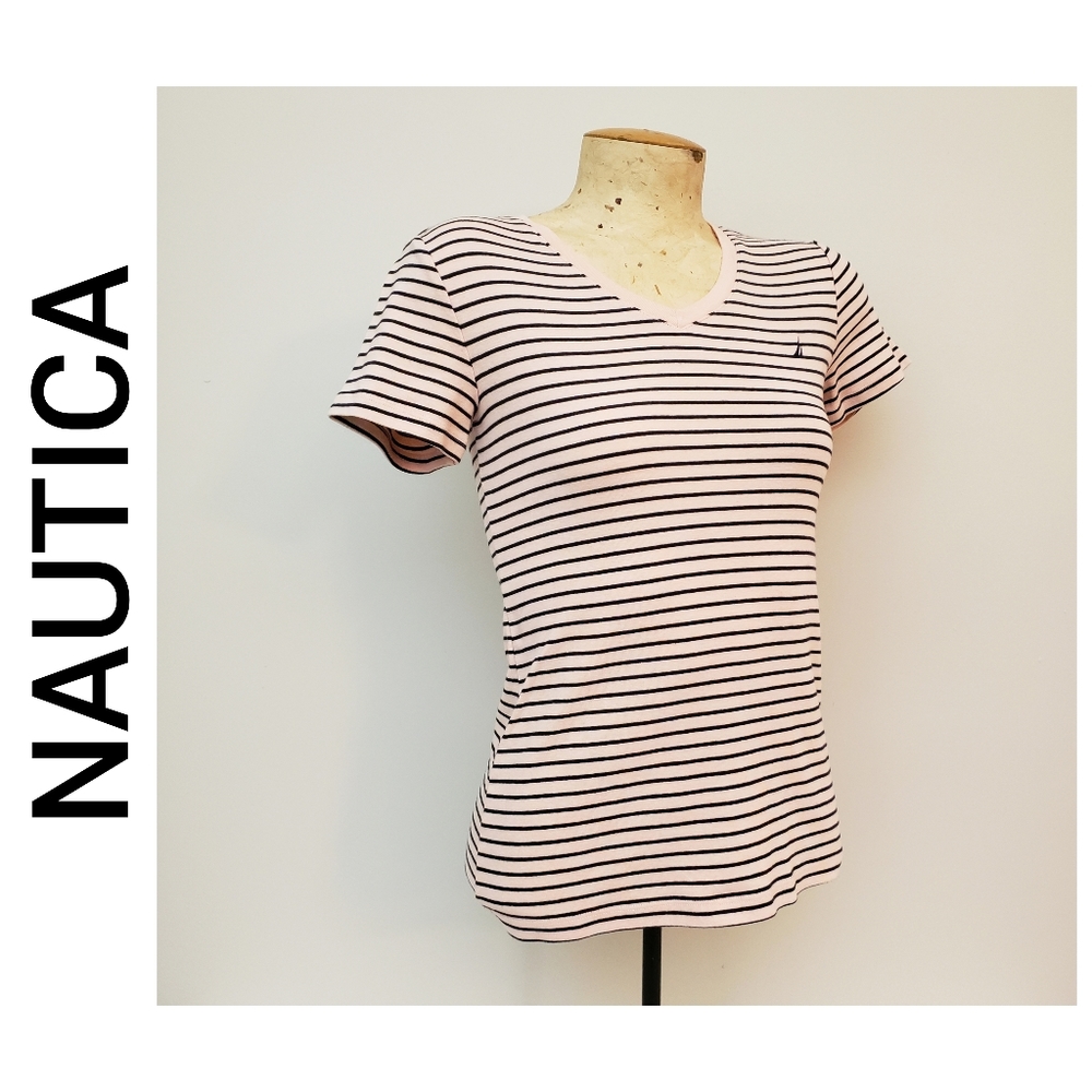 Nautica Striped V Neck Short Sleeve Striped Shirt pink Navy Blue Size XS…